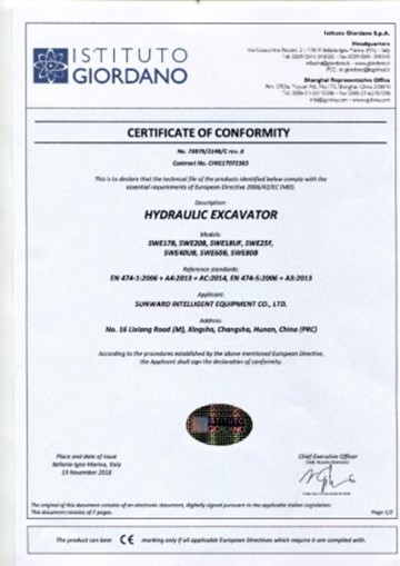 Сертификат CE гидравлического экскаватора